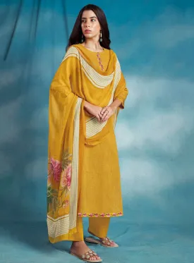 Ganga Cotton Linen Yellow Unstitched Ladies Suit Dress Material