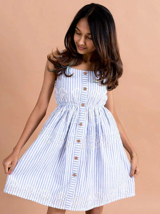 Girls Blue White Striped Schiffli Cotton Fit Flare Dress