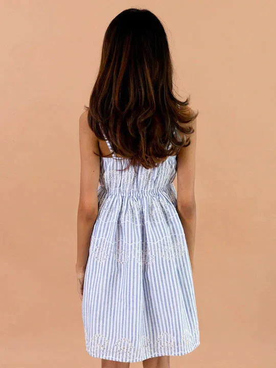 Girls Blue White Striped Schiffli Cotton Fit Flare Dress