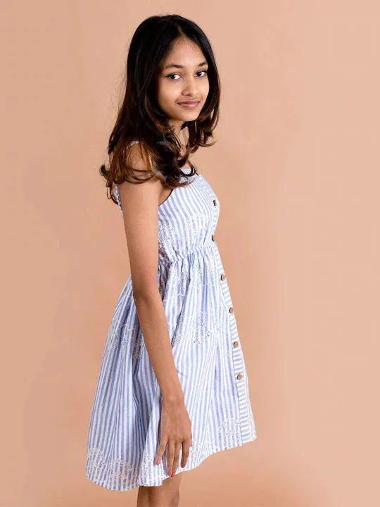 Girls Blue White Striped Schiffli Cotton Fit Flare Dress