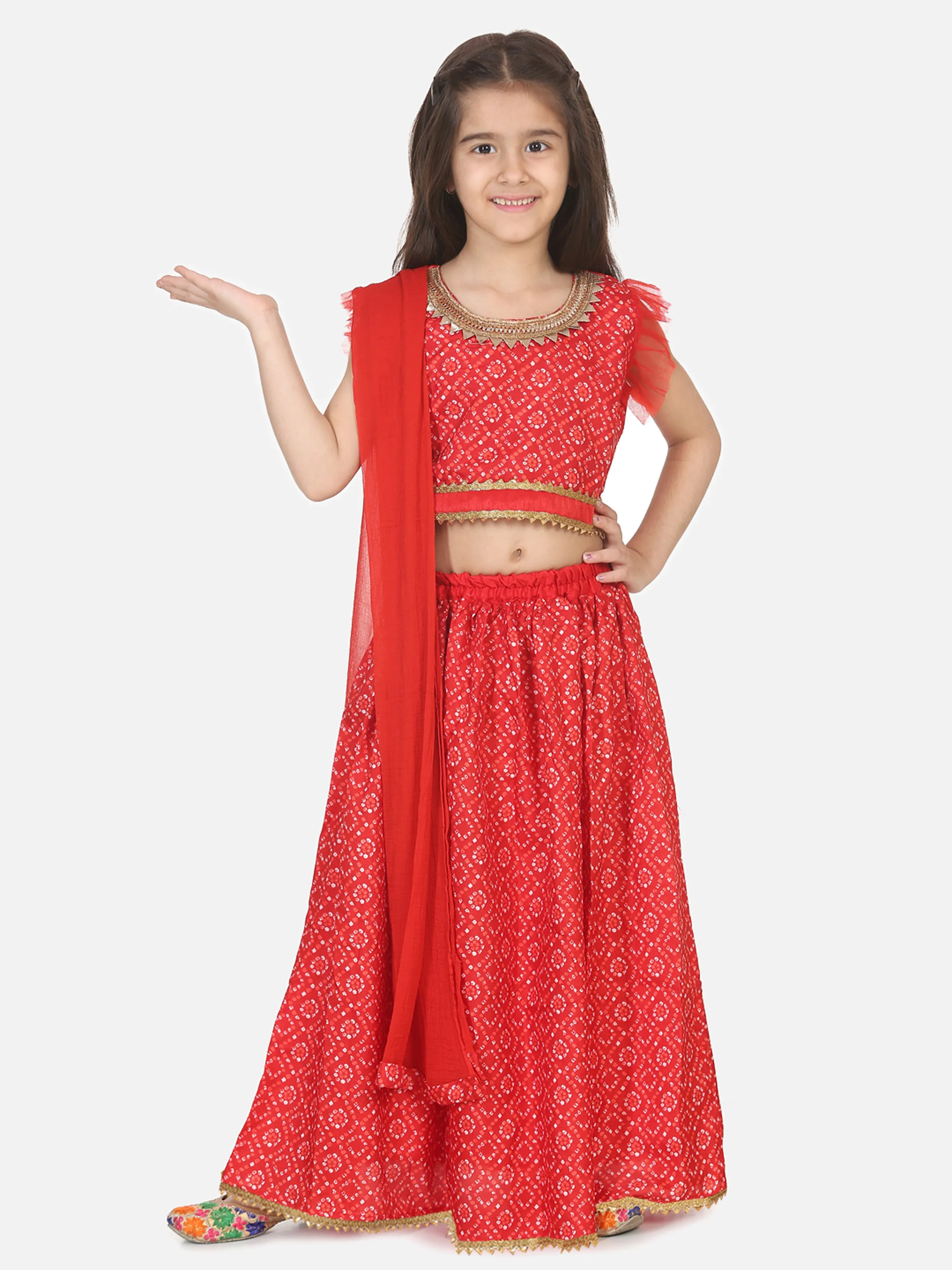 Girls Ethnic Festive Bandhani printed Net pleated Sleeves Lehenga Choli with Dupatta- Red