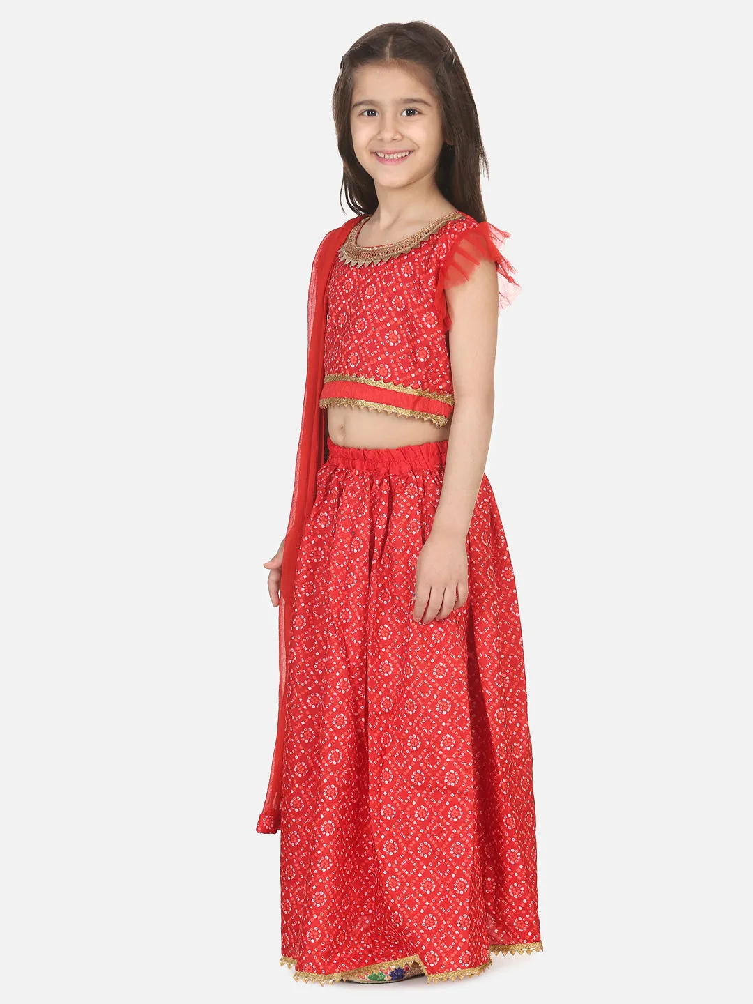 Girls Ethnic Festive Bandhani printed Net pleated Sleeves Lehenga Choli with Dupatta- Red