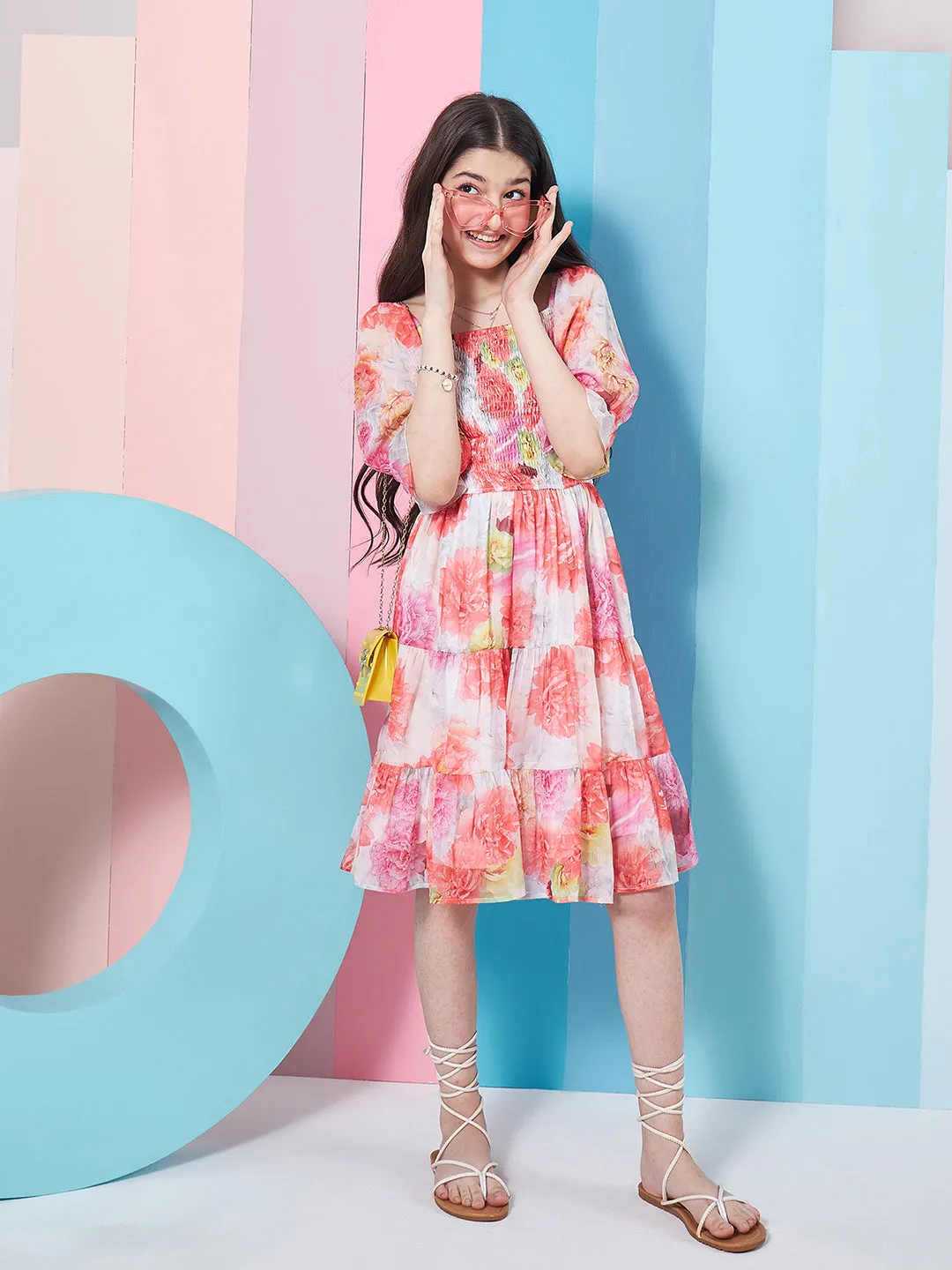 Girls Floral Print Puff Sleeve Chiffon Fit Flare Dress