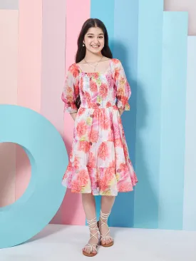 Girls Floral Print Puff Sleeve Chiffon Fit Flare Dress