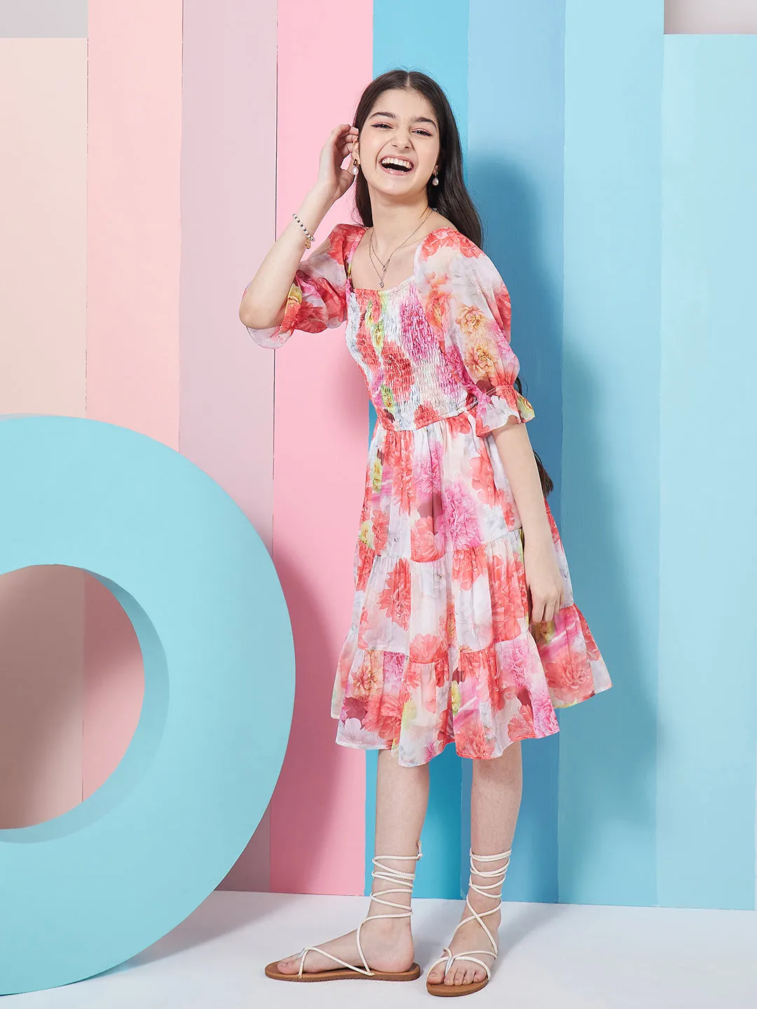 Girls Floral Print Puff Sleeve Chiffon Fit Flare Dress