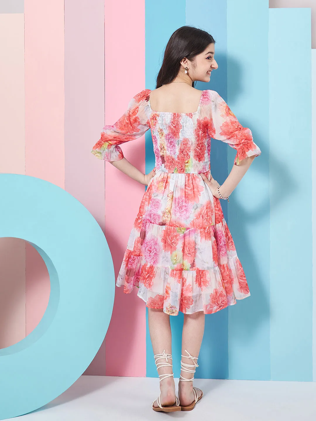 Girls Floral Print Puff Sleeve Chiffon Fit Flare Dress