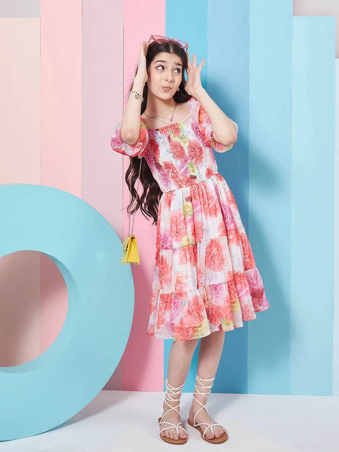 Girls Floral Print Puff Sleeve Chiffon Fit Flare Dress