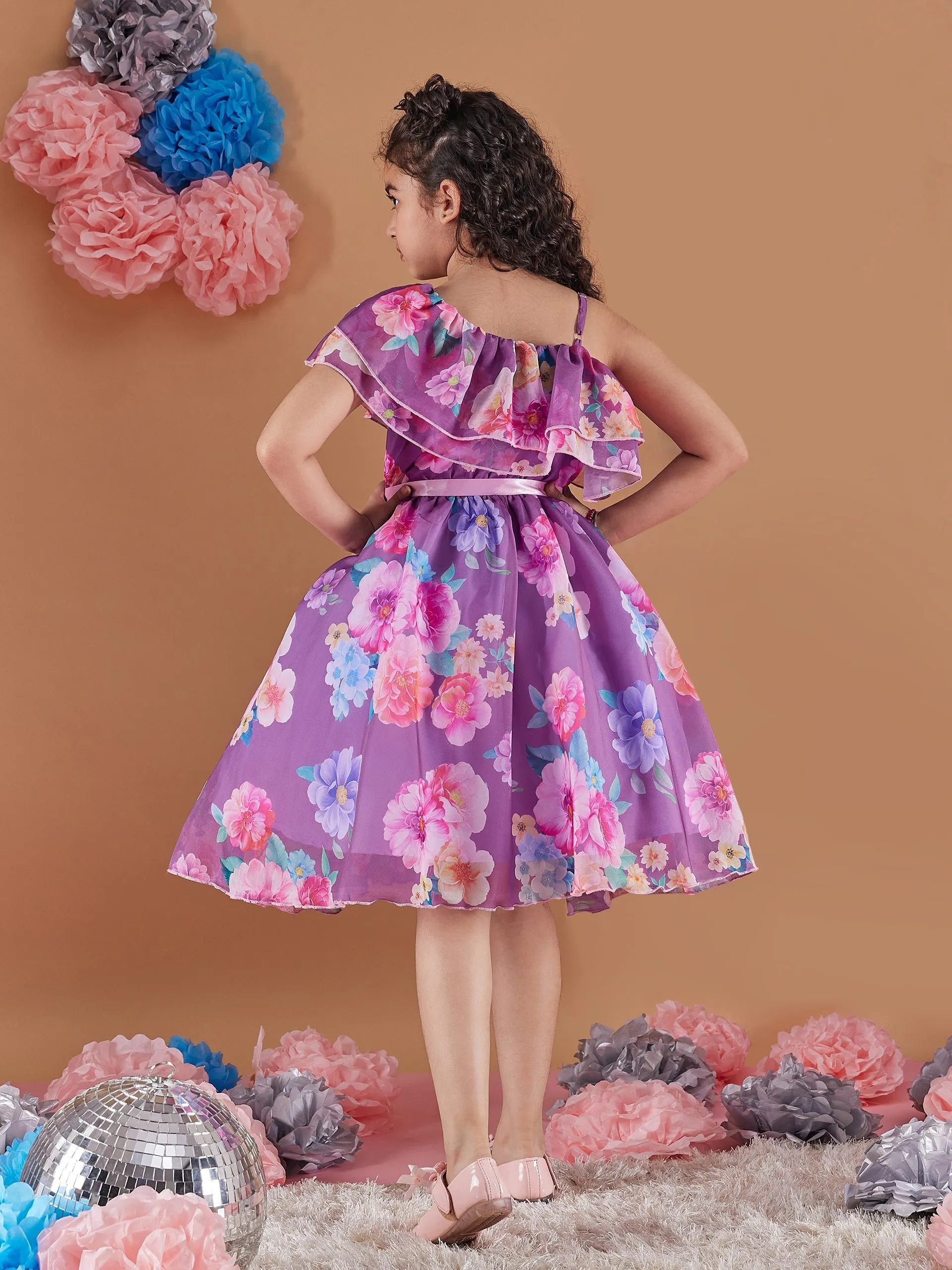 Girls Floral Printed One Shoulder Ruffles Fit Flare Dress