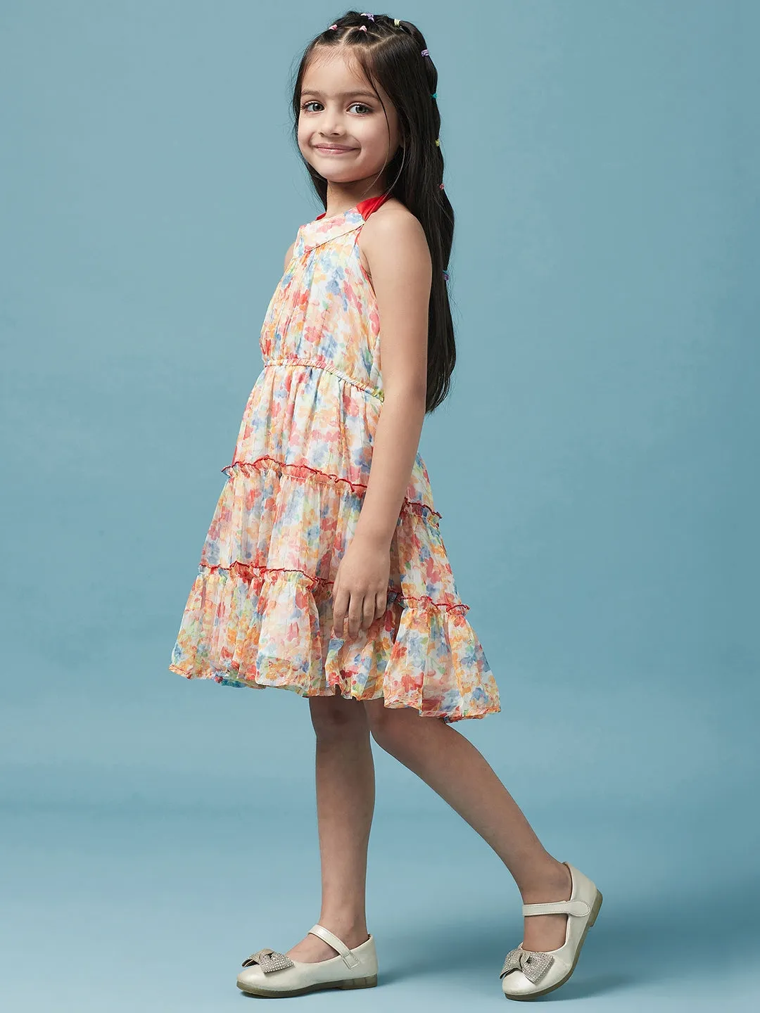 Girls Halter Neck Floral Printed A-Line Dress