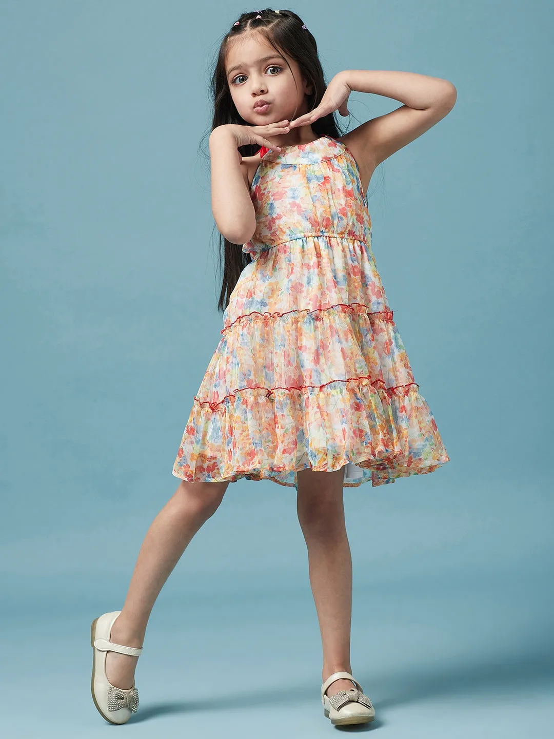 Girls Halter Neck Floral Printed A-Line Dress