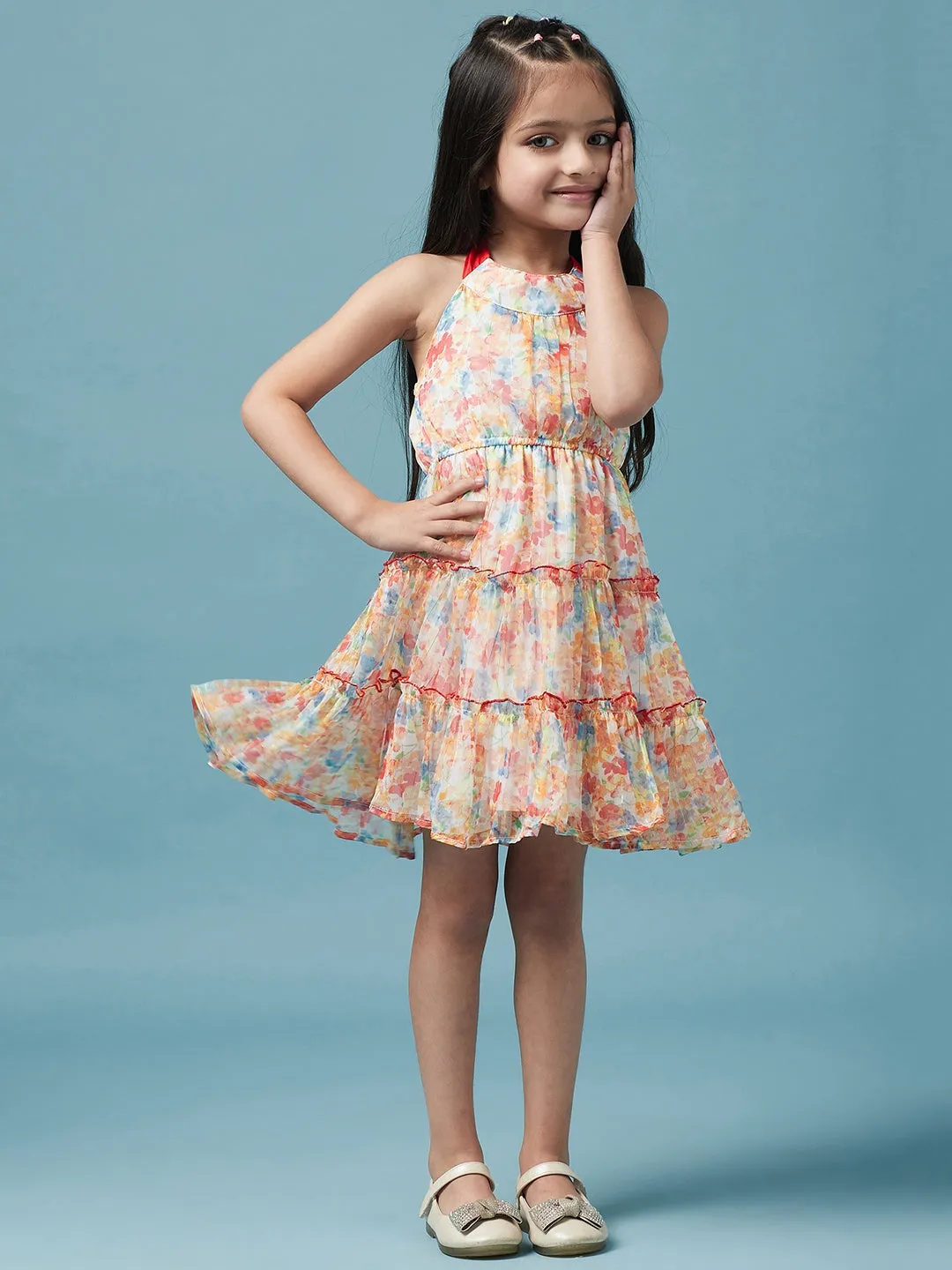 Girls Halter Neck Floral Printed A-Line Dress