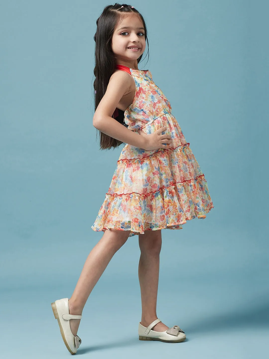 Girls Halter Neck Floral Printed A-Line Dress