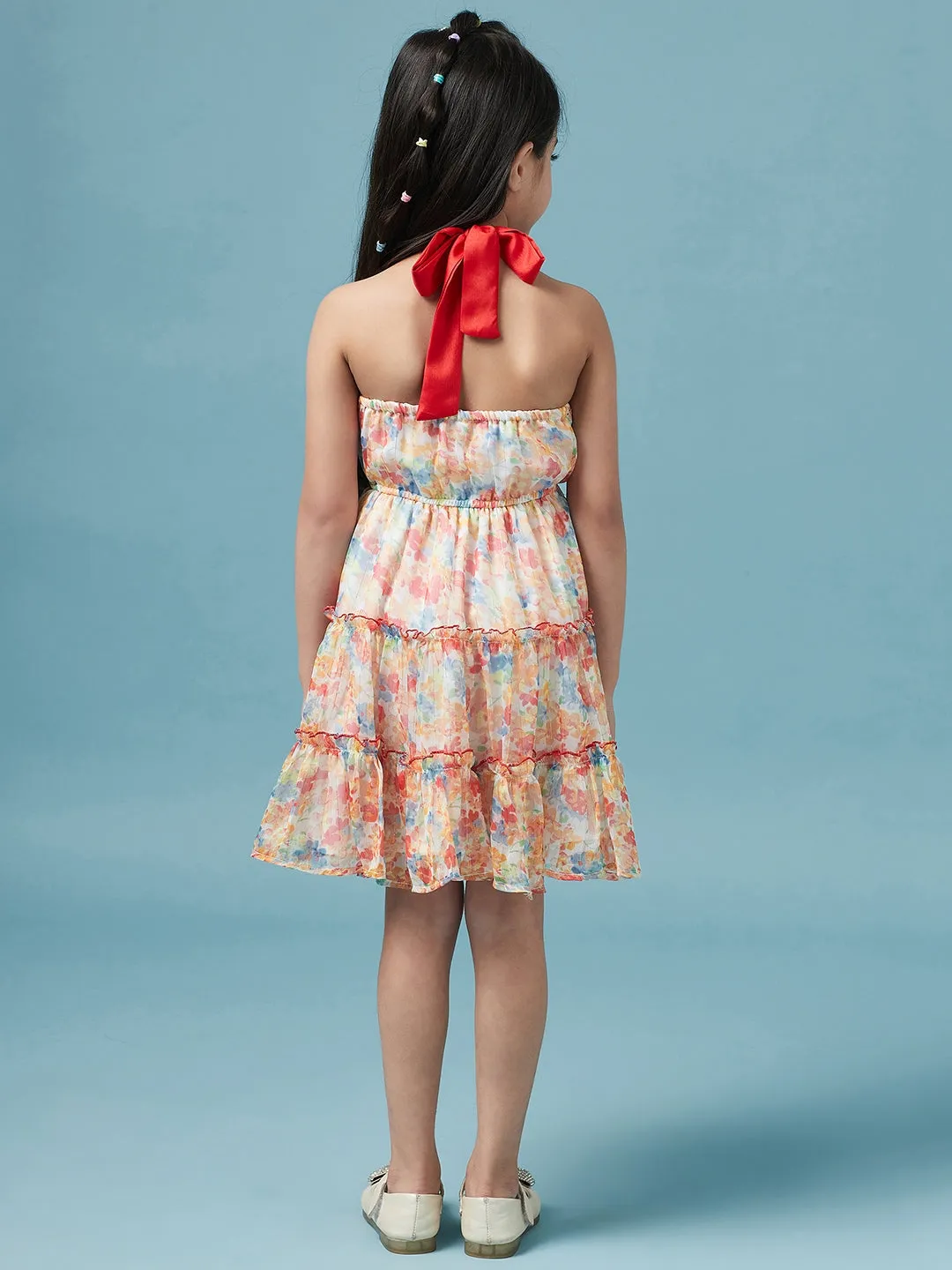 Girls Halter Neck Floral Printed A-Line Dress