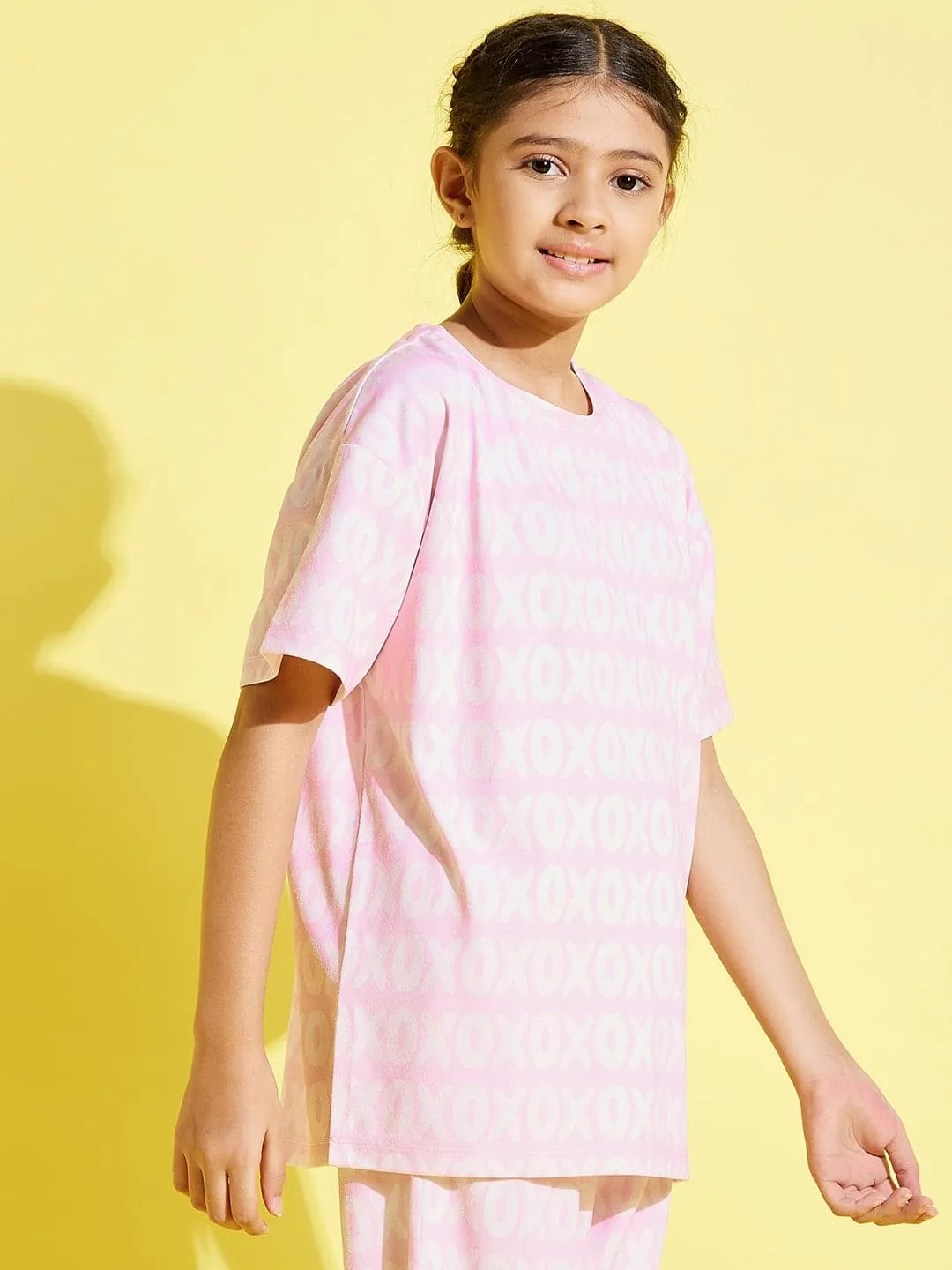 Girls Pink Xoxo Print Knit Drop Shoulder Top