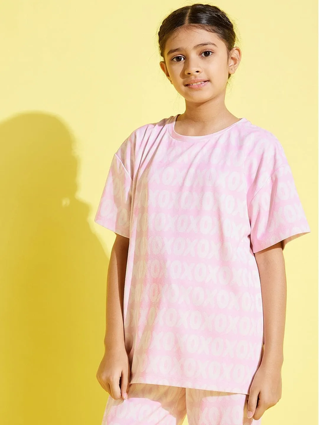 Girls Pink Xoxo Print Knit Drop Shoulder Top