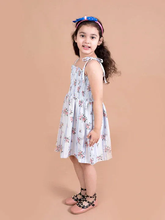 Girls White Floral Smocked Fit Flare Dress