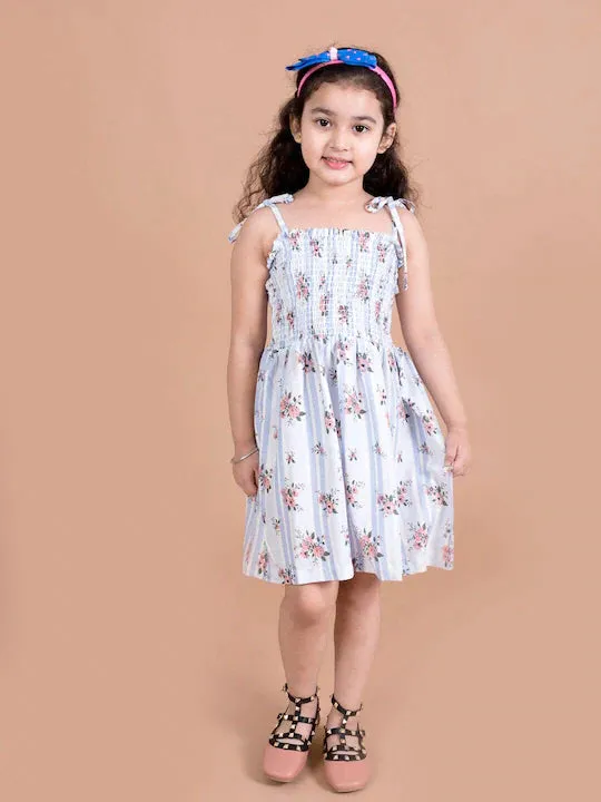 Girls White Floral Smocked Fit Flare Dress