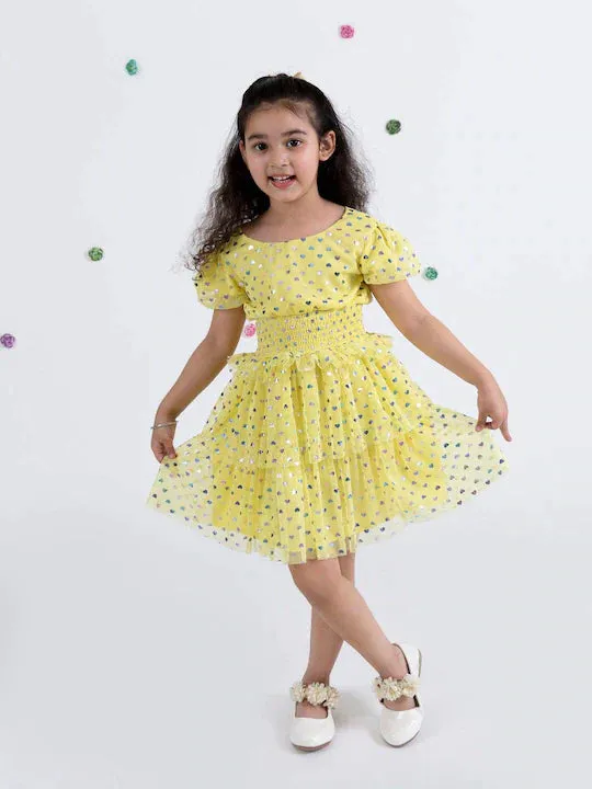 Girls Yellow Floral Net Dress