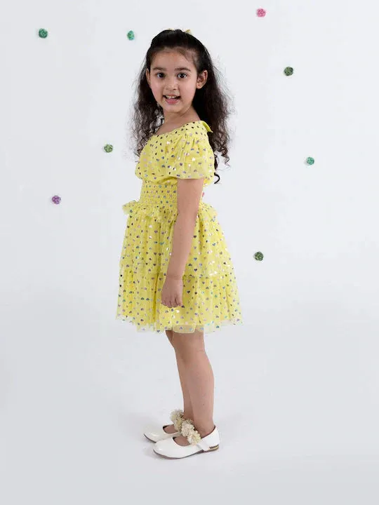 Girls Yellow Floral Net Dress