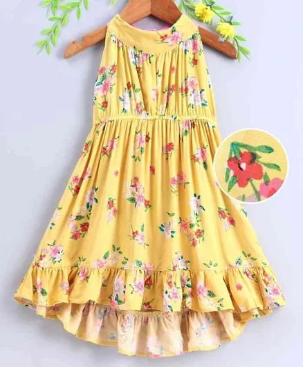 Girls Yellow Pink Printed Halter Neck A-Line Dress