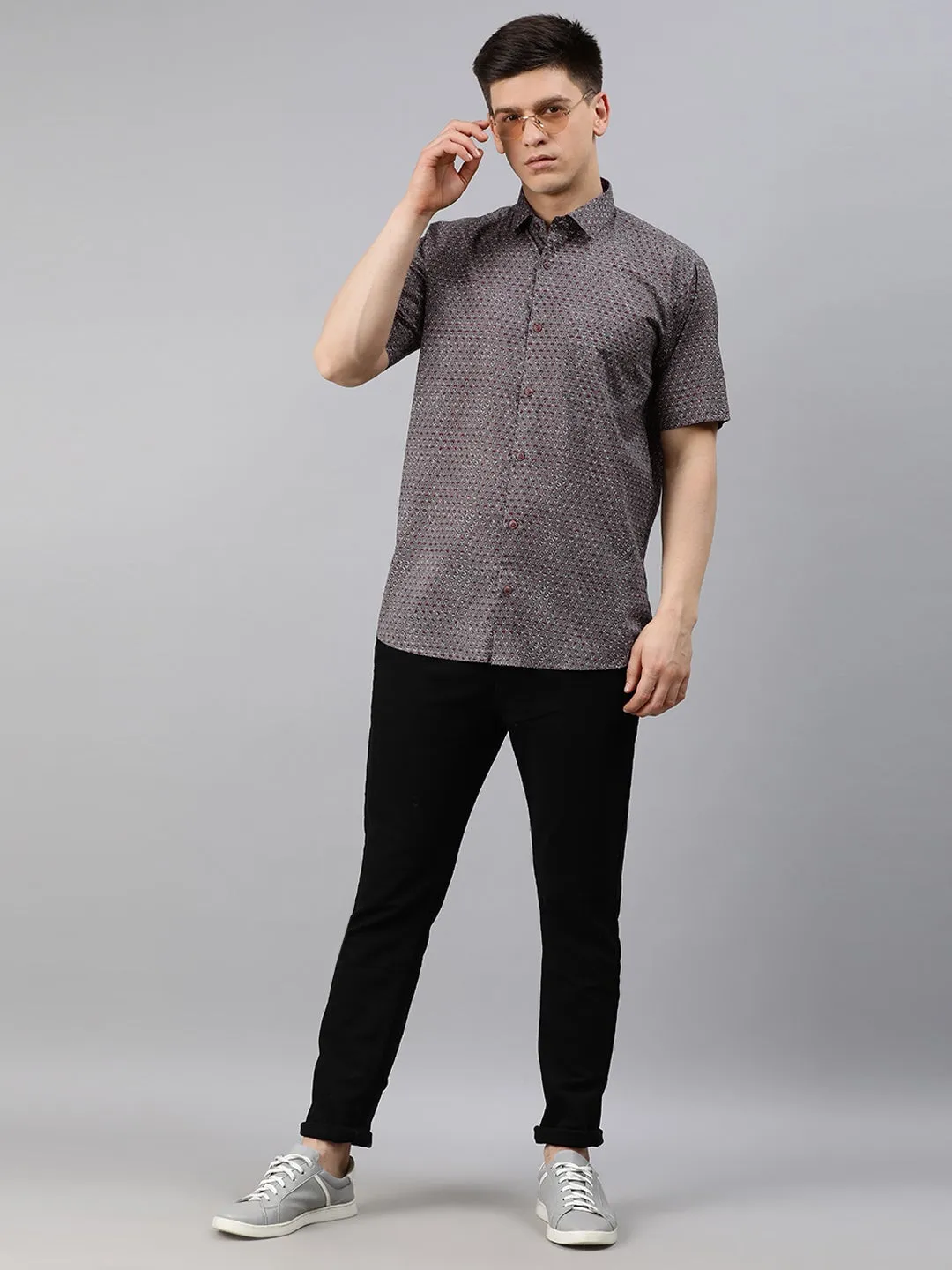 Gray Cotton Short Sleeves Shirts For Men-Mmh049