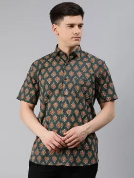 Green Cotton Short Sleeves Shirts For Men-Mmh004