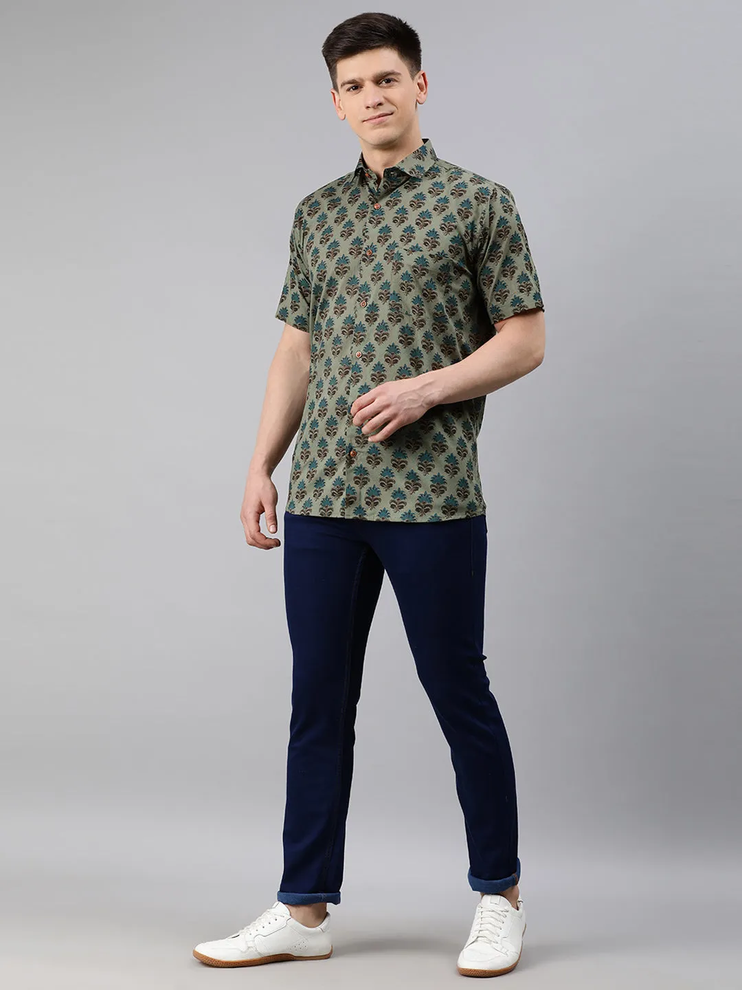 Green Cotton Short Sleeves Shirts For Men-Mmh05