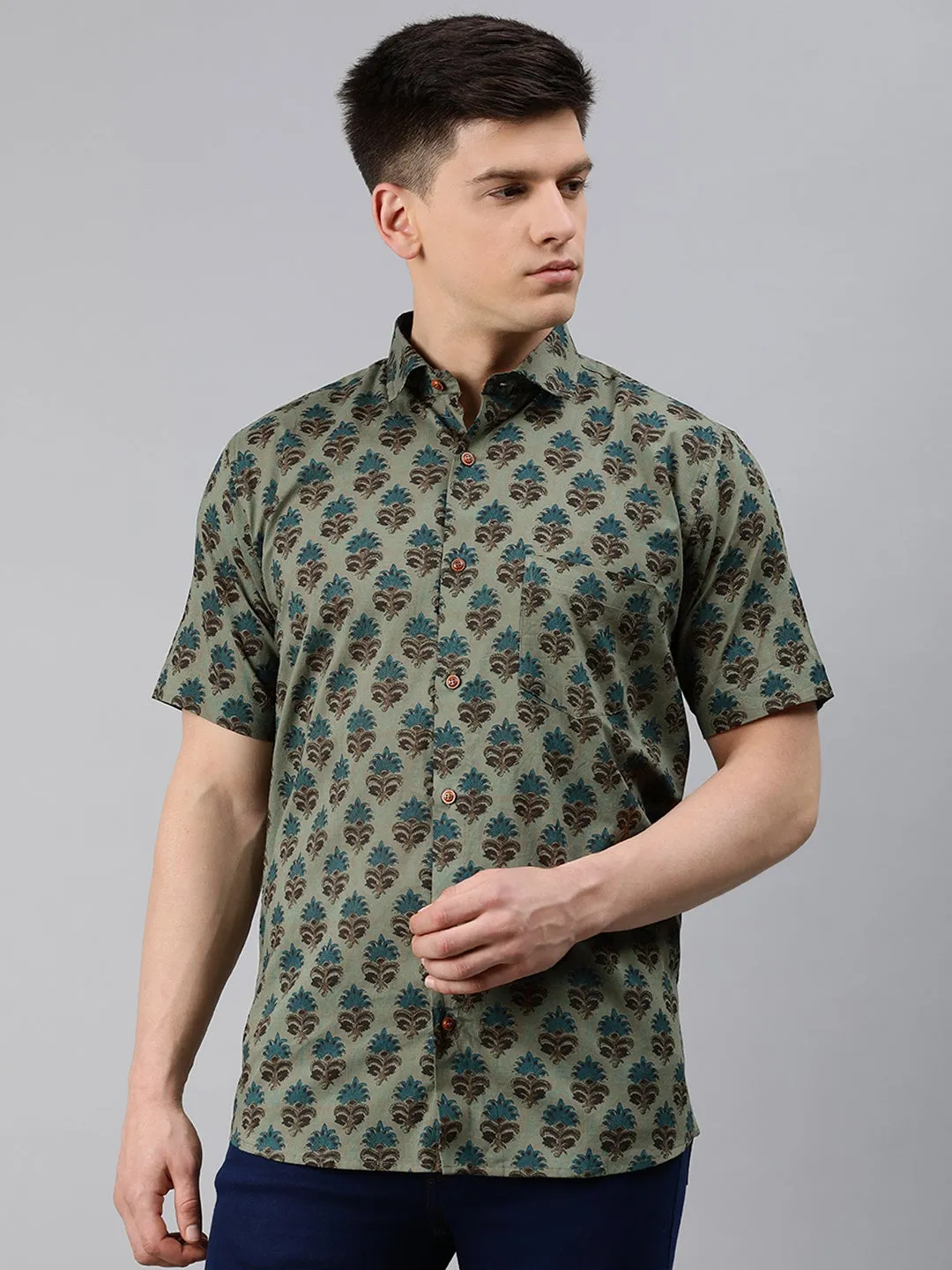 Green Cotton Short Sleeves Shirts For Men-Mmh05