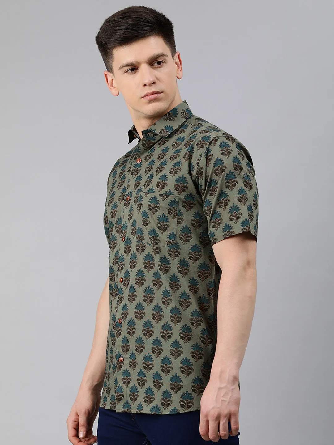 Green Cotton Short Sleeves Shirts For Men-Mmh05