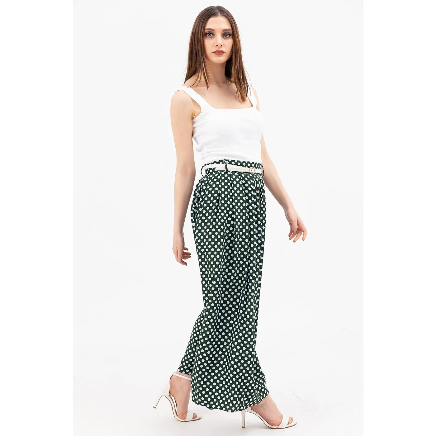 Green Dotted Belted Skirt