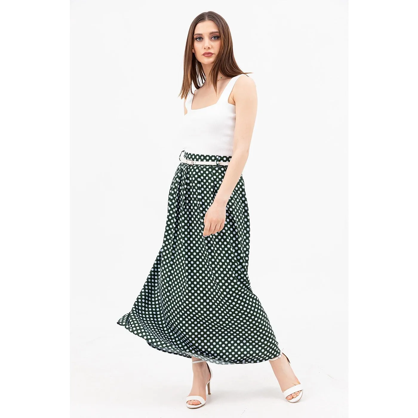 Green Dotted Belted Skirt