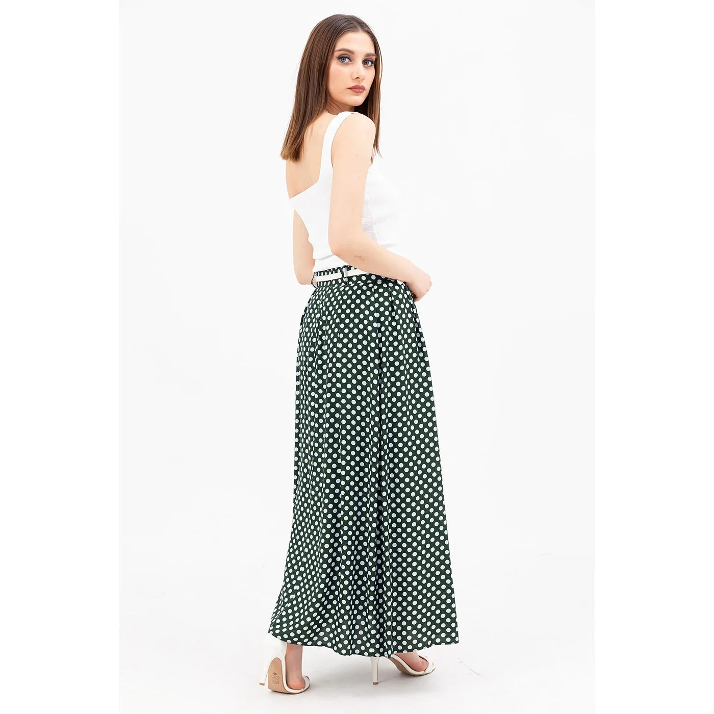 Green Dotted Belted Skirt