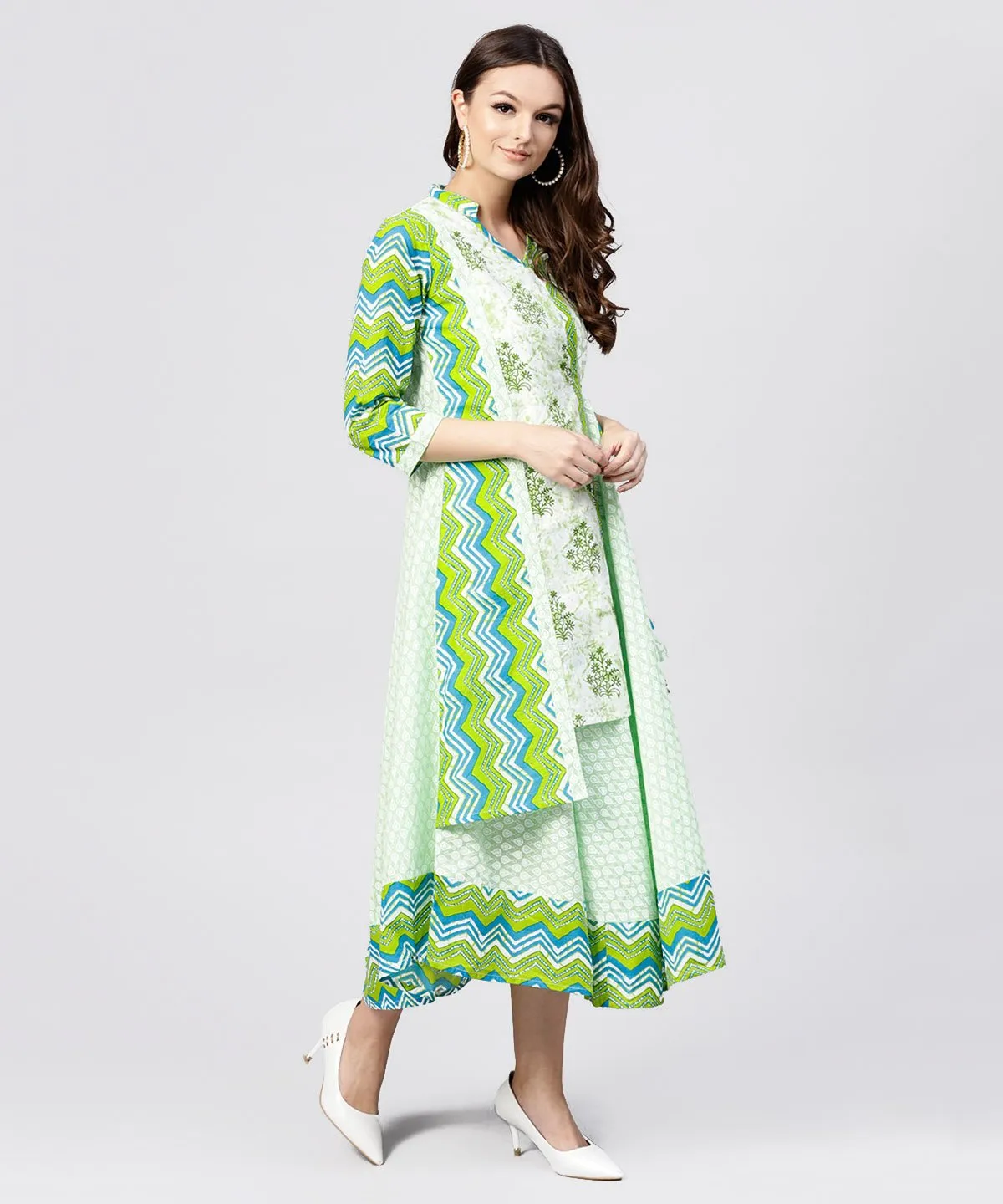 Green Printed Cotton Angrakha Style Dress With  Madarin Collar Emblished With Tassels