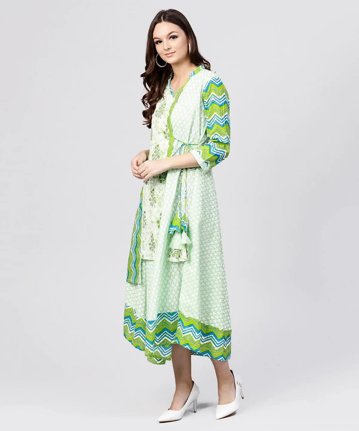 Green Printed Cotton Angrakha Style Dress With  Madarin Collar Emblished With Tassels