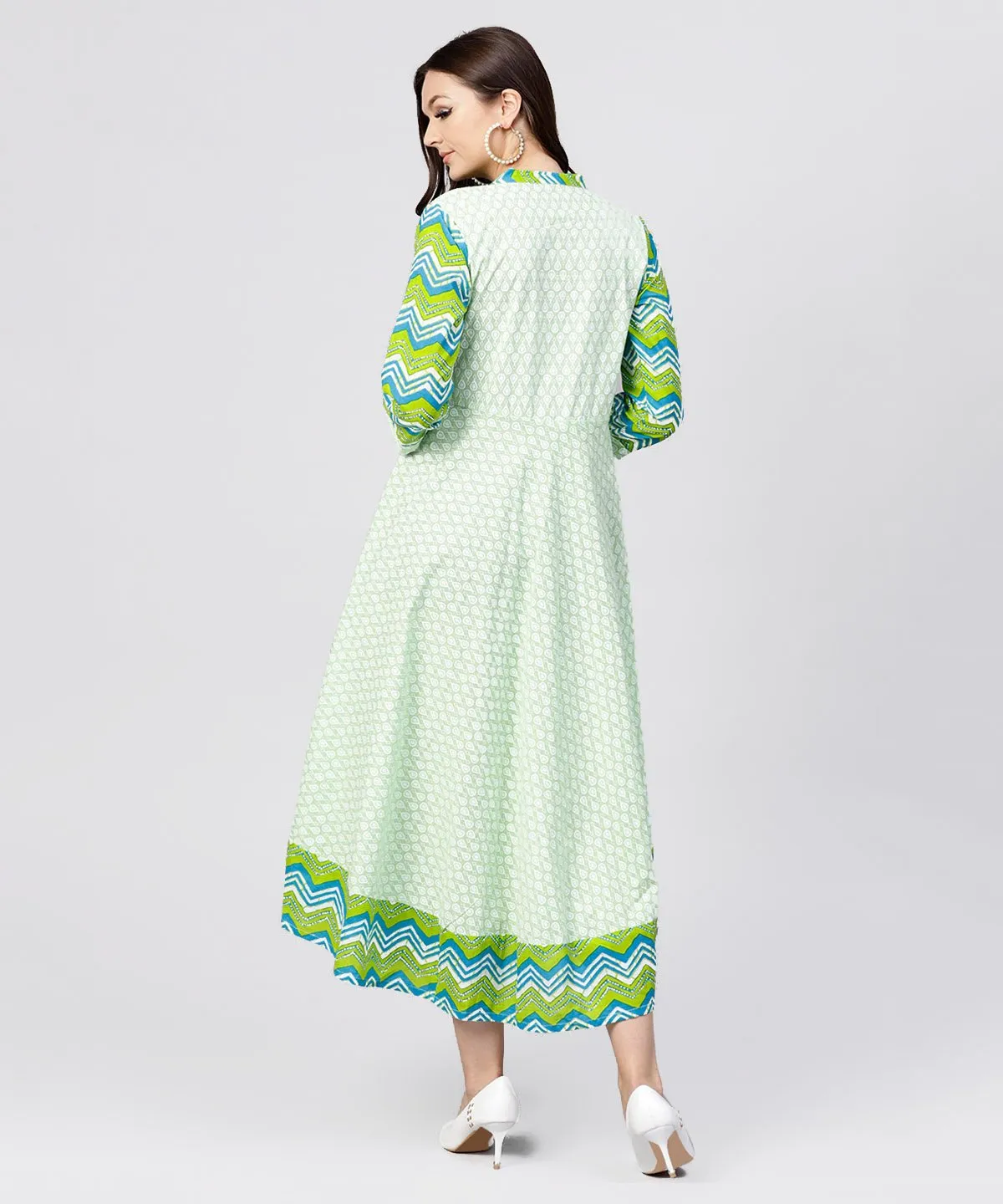 Green Printed Cotton Angrakha Style Dress With  Madarin Collar Emblished With Tassels