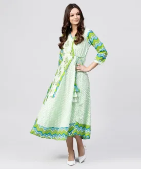 Green Printed Cotton Angrakha Style Dress With  Madarin Collar Emblished With Tassels