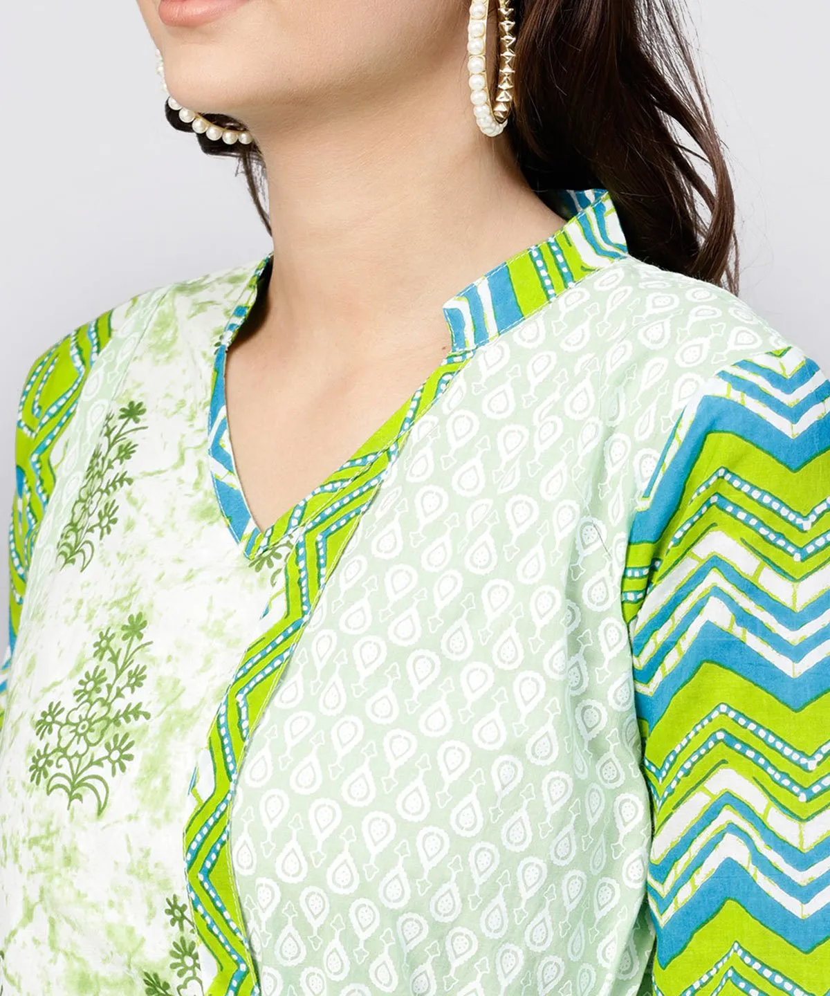 Green Printed Cotton Angrakha Style Dress With  Madarin Collar Emblished With Tassels