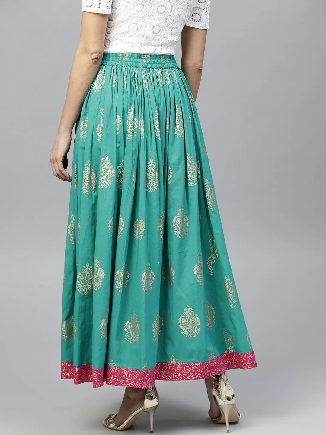 Green Printed  Flared Ankle Length Skirt