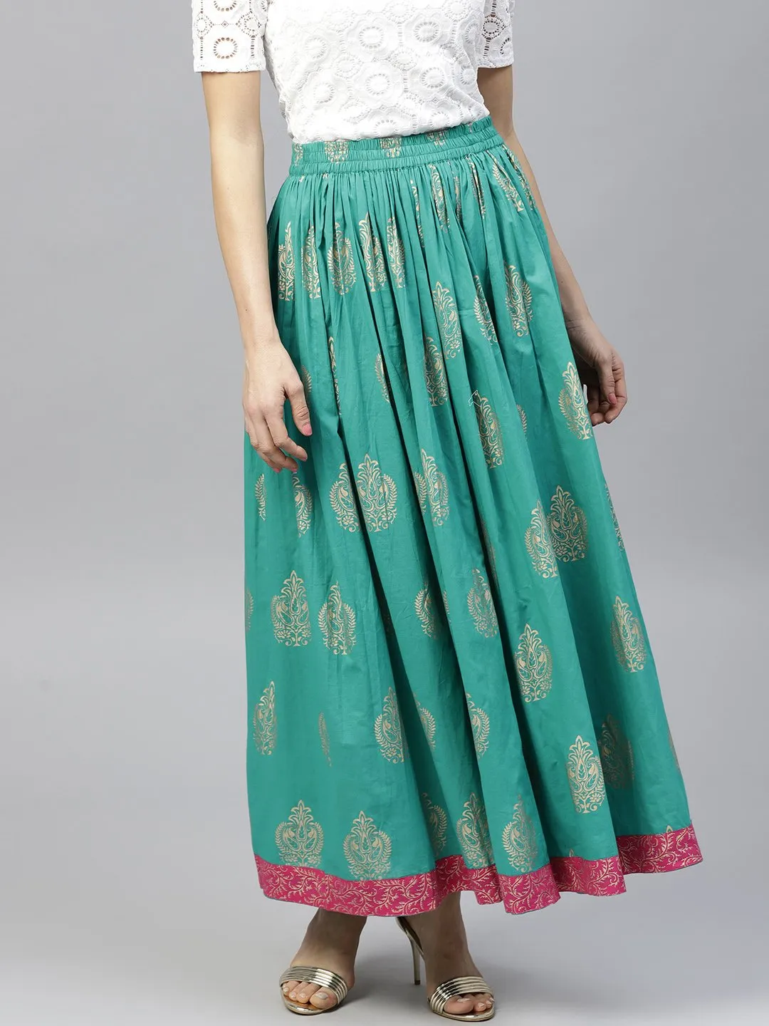 Green Printed  Flared Ankle Length Skirt