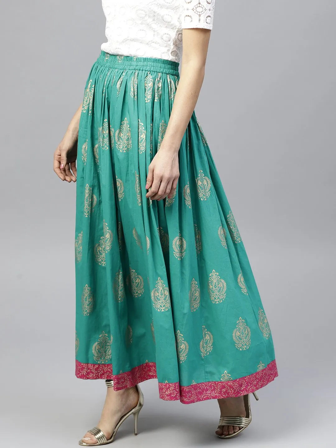 Green Printed  Flared Ankle Length Skirt