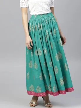 Green Printed  Flared Ankle Length Skirt