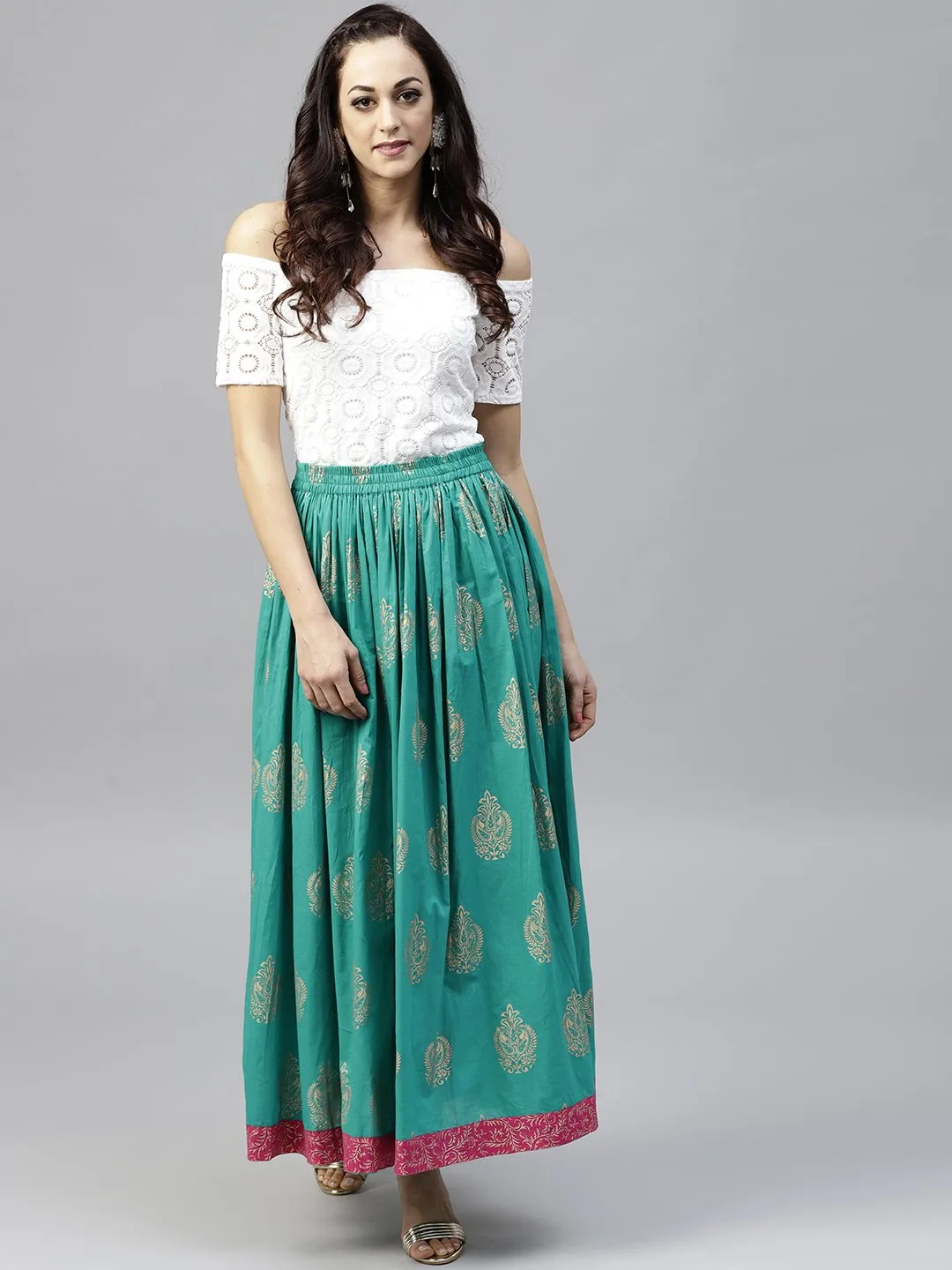 Green Printed  Flared Ankle Length Skirt