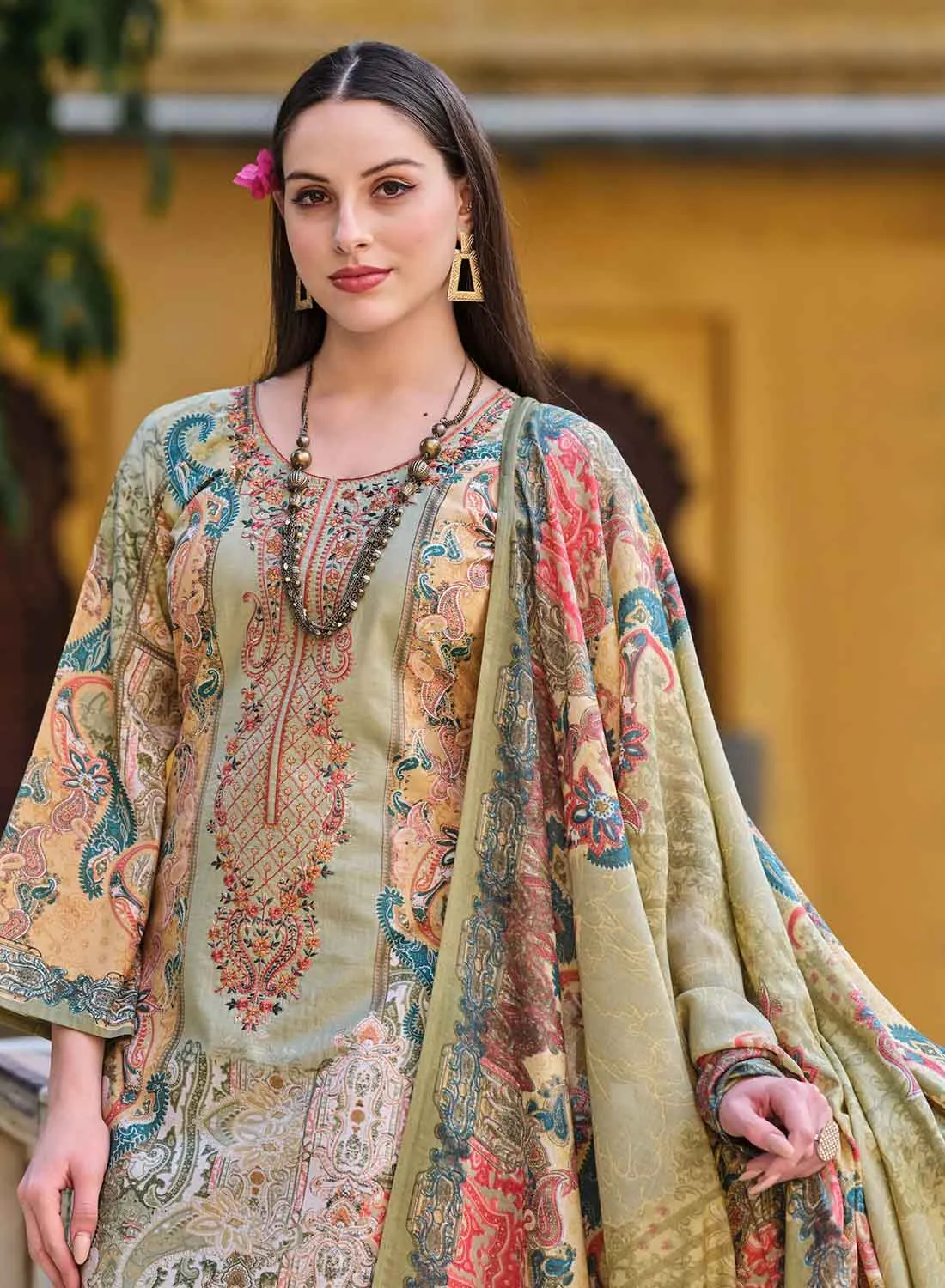 Green Unstitched Pakistani Print Cotton Suit Dress Material with Dupatta