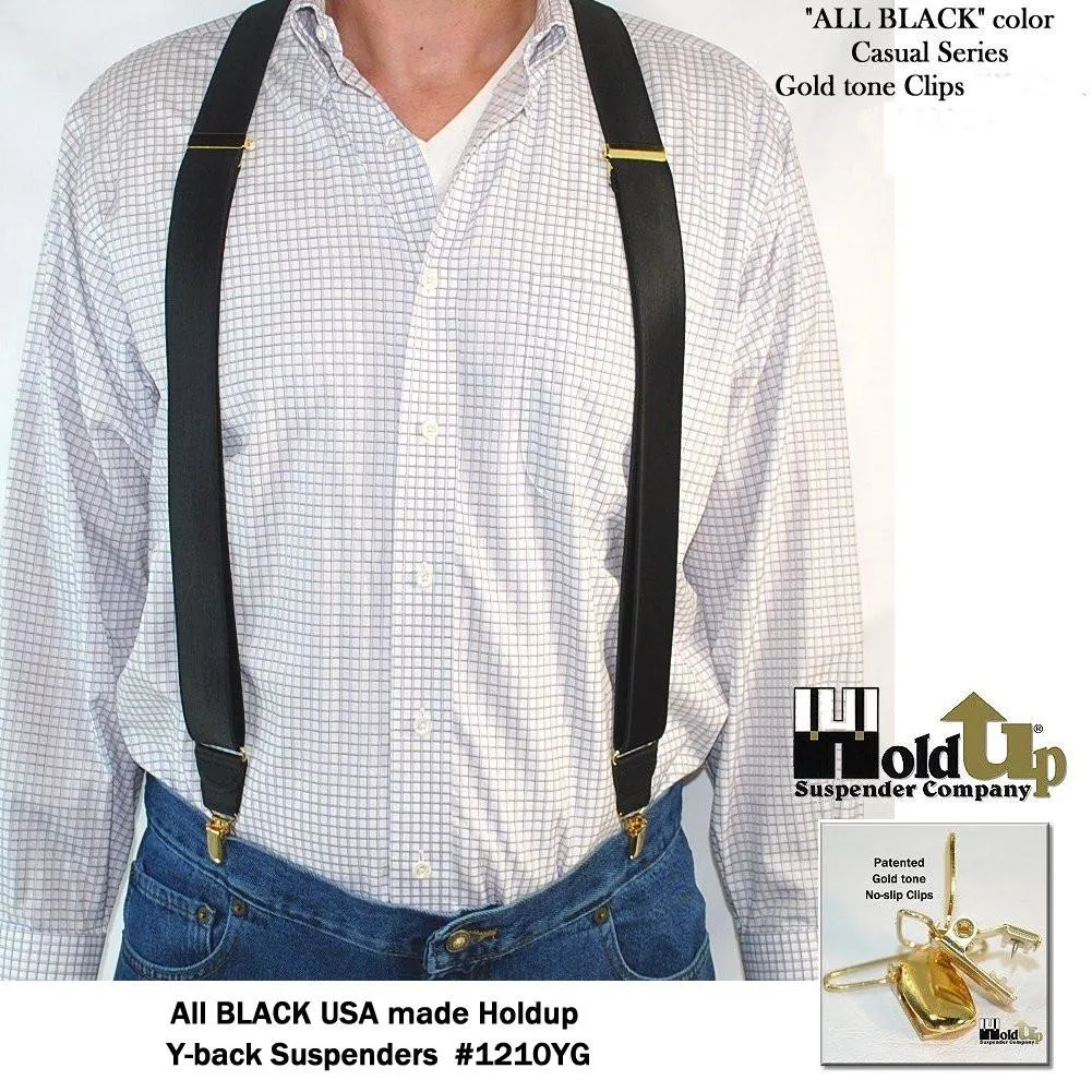 Hold-Ups Y-back All Black Casual Series Suspenders USA Patented No-Slip Gold Clips