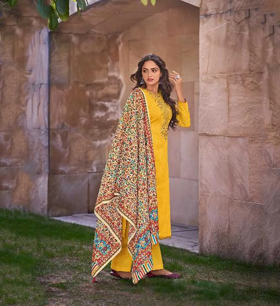 Jam Cotton Unstitched Suits Dress Material With Embroidery Yellow