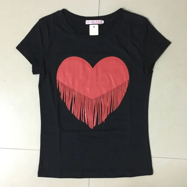 Jojo 2016 Brand New Summer Womens T Shirts Short Sleeve Tops Tees Tshirt Fashion For Women Plus Size Tassel Heart  t-shirt