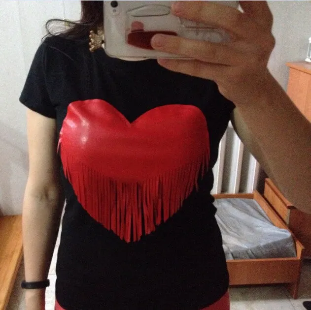 Jojo 2016 Brand New Summer Womens T Shirts Short Sleeve Tops Tees Tshirt Fashion For Women Plus Size Tassel Heart  t-shirt