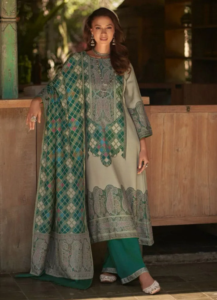 Kesar Pure Pashmina Unstitched Green Printed Winter Suit for Ladies