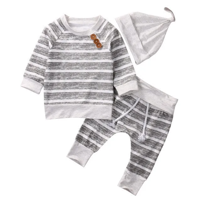 Kids Toddler Baby Girl Boy Clothes Set Long Sleeve Cotton Tops Striped T-Shirts Pants Hat 3pcs Clothing Outfits Set