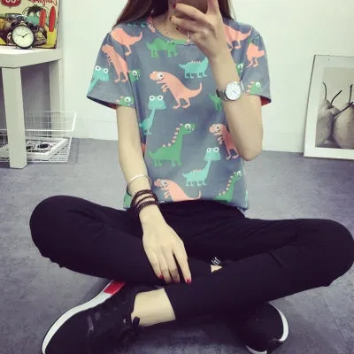 Korean Retro Animal Dinosaur Printing T shirt Women 2017 Summer Japanese Harajuku Style Short-sleeved T-shirt Woman Tops S-XL